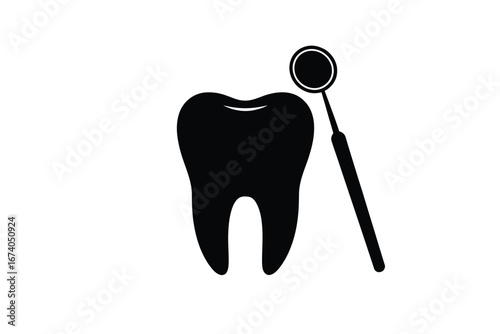 Black silhouette of a healthy tooth next to a dental mirror tool