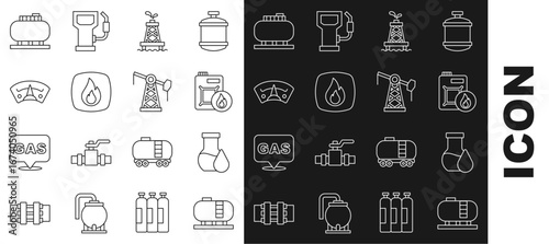 Set line Oil tank storage, petrol test tube, Canister for motor oil, rig, Fire flame, Motor gas gauge, and pump pump jack icon. Vector