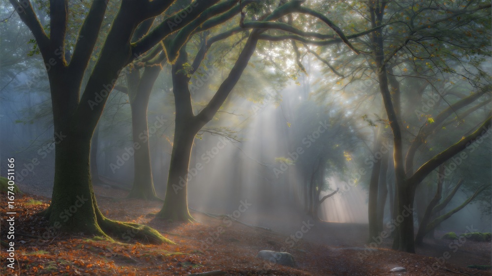 Obraz premium Sunbeams piercing through a misty forest canopy light rays.