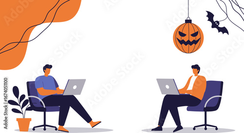 Two men working on laptops in a modern setting, integrating festive Halloween elements like a jack-o'-lantern and bat. Ideal for remote work, seasonal promotions, or digital collaboration.