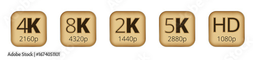 Comparison of digital video resolutions: 4k, 8k, 2k, 5k, hd icon set.