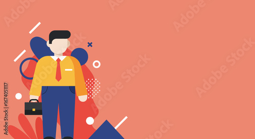 Professional businessman illustration holding a briefcase with a vibrant abstract geometric background. Represents concepts of career, success, and corporate growth.