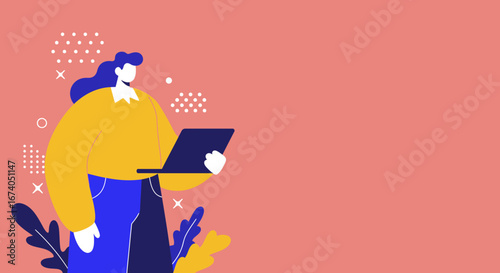 Modern illustration of a person working on a laptop, symbolizing remote work, online learning, or digital communication. Ideal for technology and business concepts.