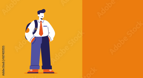 Smiling young man with backpack, ready for school, college, or a new journey. Ideal for concepts of education, youth, travel, or career beginnings.