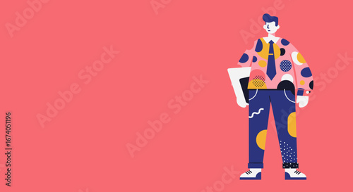 A stylishly dressed man in a creative, patterned shirt and tie holds a folder, standing against a vibrant background. Ideal for modern business, education, or creative concepts.