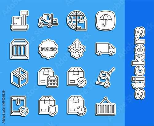 Set line Container on crane, Hand truck and boxes, Delivery cargo, Worldwide shipping, rice tag with Free, Carton cardboard, Scale and Unboxing icon. Vector