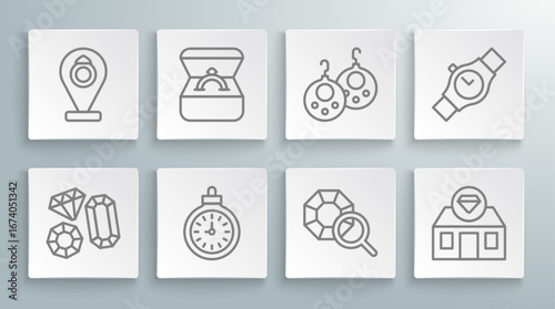 Set line Gem stone, Diamond engagement ring in box, Pocket watch, Jewelry store, Earrings, Wrist and icon. Vector