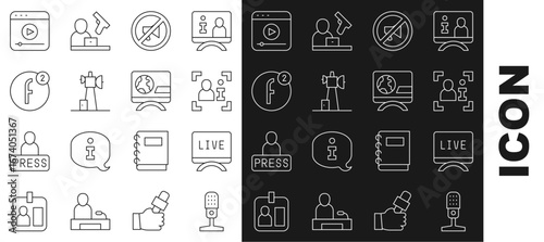 Set line Microphone, Live report, Television, Censored stamp, Antenna, Create account, stream and Breaking news icon. Vector