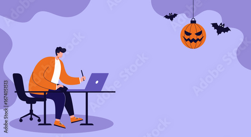 Professional man works on laptop with stylus, amidst subtle Halloween decorations like a jack-o'-lantern and bats. Ideal for holiday remote work or creative design concepts.