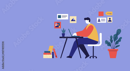 Focused person works on laptop at a modern desk, surrounded by digital assets. Concept of remote work, online learning, creativity, and business productivity.