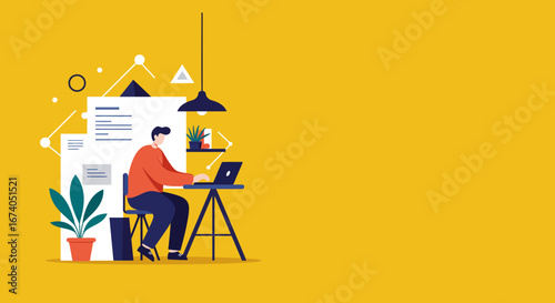 Focused individual working on a laptop in a modern, minimalist office. Ideal for concepts of remote work, online learning, productivity, and digital business solutions.