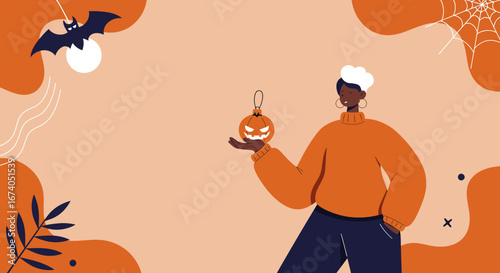 Modern illustration of a smiling woman holding a spooky pumpkin ornament, surrounded by Halloween elements like bats and spiderwebs. Perfect for holiday marketing.
