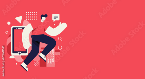 Dynamic illustration of a person on the go with a tablet, representing mobile technology, digital communication, and online services in a modern, connected world.