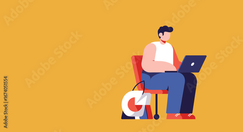 Illustrated man focused on his laptop, representing modern remote work, online learning, productivity, and digital lifestyle solutions.