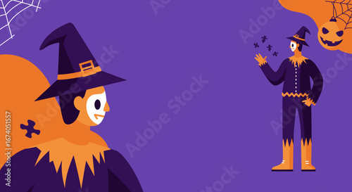 Vibrant Halloween illustration featuring playful costumed characters, spiderwebs, and a glowing jack-o'-lantern on a purple background. Ideal for holiday promotions and festive designs.