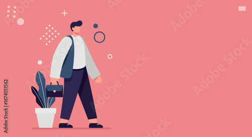 Modern professional man walking with briefcase and shoulder bag against a vibrant pink background. Ideal for business, career, or lifestyle concepts.