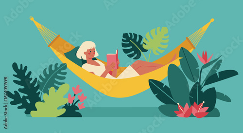 Woman reading book while relaxing in hammock surrounded by plants  Suitable for wellbeing, leisure and lifestyle marketing