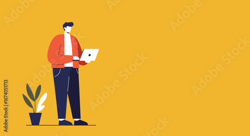 Modern man standing, working on a laptop with a plant beside him on a vibrant yellow background. Ideal for business, remote work, or technology concepts.