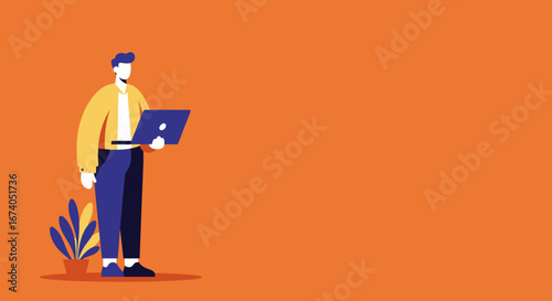 Illustration of a man actively working on a laptop, standing beside a plant against a vibrant orange background. Represents modern work, technology, and productivity.