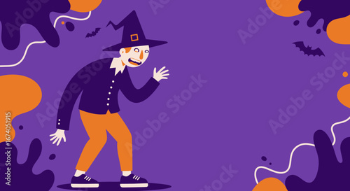 A startled man in a witch hat and costume on a vibrant purple background with bats and abstract shapes, perfect for Halloween themes or festive events.