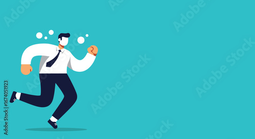 Businessman running with effort, symbolizing urgency, deadline, or a fast-paced work environment. Ideal for concepts of challenge, success, and ambition.