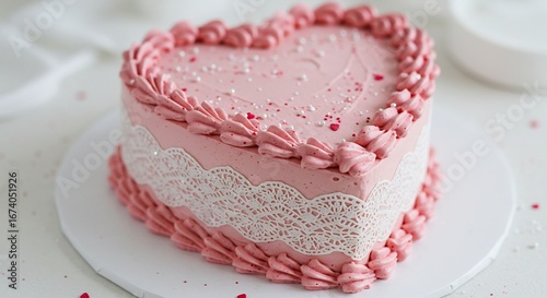 上品なピンクのハート型ケーキ 優しく輝くデコレーション. AI Generated