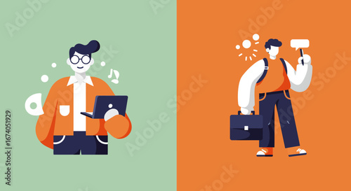 A vibrant flat design illustration showcasing two professional men representing different aspects of web design and marketing, perfect for presentations and landing pages.