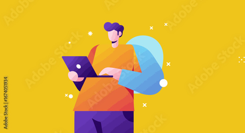 Modern illustration of a person using a laptop, ideal for concepts of remote work, online learning, digital communication, and technology.
