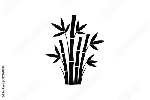 Stylized black silhouette of bamboo stalks with leaves on white background