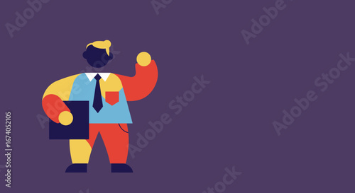Stylized geometric illustration of a confident businessman holding an object, signaling success or a new idea. Ideal for business, finance, and professional concepts.