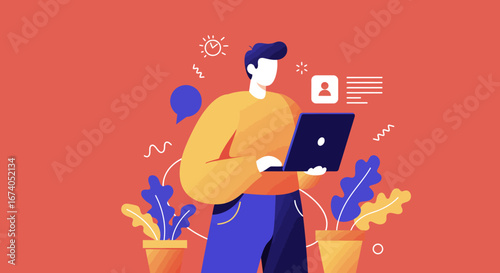 Digital illustration of a man working on a laptop, surrounded by icons for online communication, productivity, and networking. Perfect for remote work, business, and tech themes.