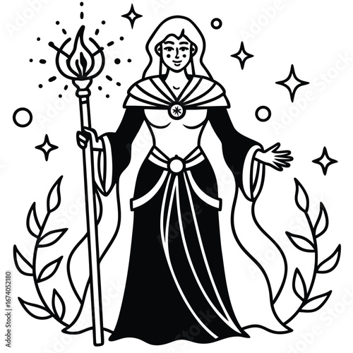 Powerful sorceress with flowing robes and intricate coloring page line art vector design 