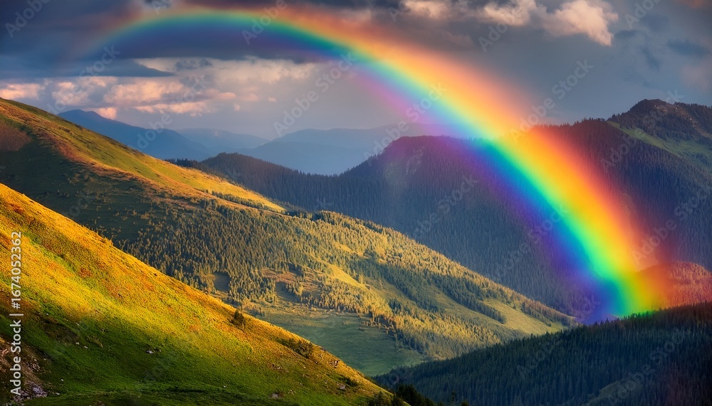 Obraz premium vibrant hues of rainbow dancing across mountain landscape serve as a vivid testament to harmonious interplay between forces of nature ethereal elements of atmosphere and profound tranquility and awe