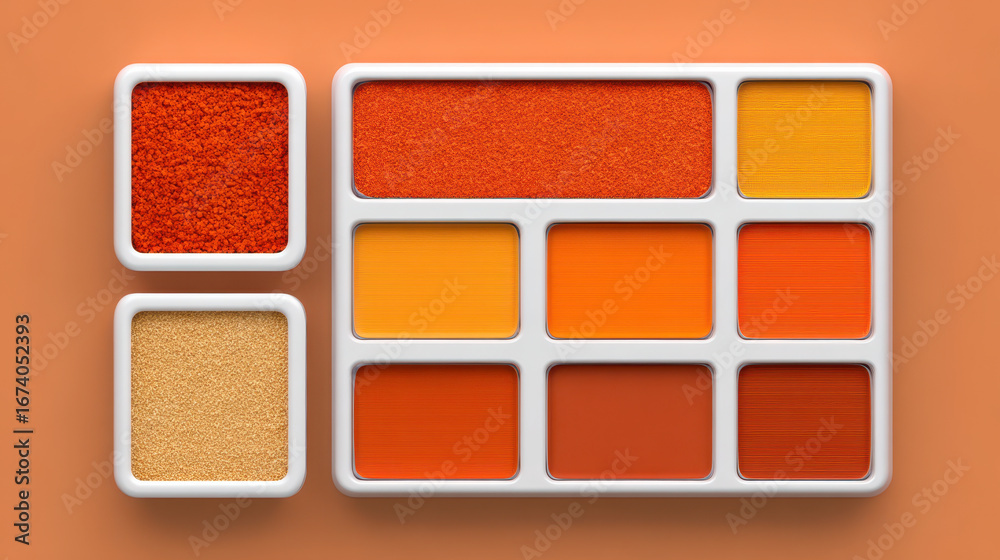 Fototapeta premium Bright orange and yellow spices arranged in white containers create vibrant still life perfect for autumn and halloween themes