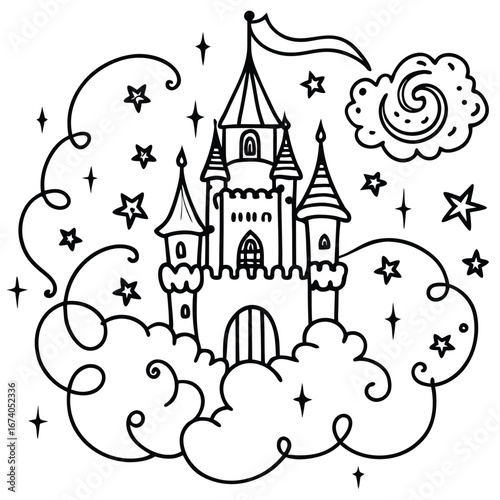 Whimsical mysterious castle with turrets and flags perched at night coloring page vector art design 