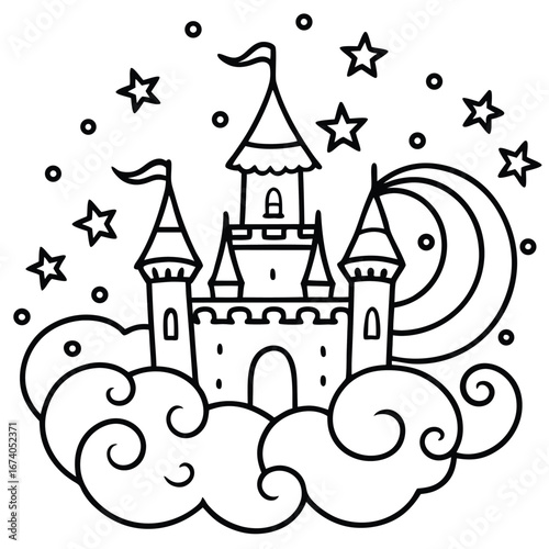 Whimsical mysterious castle with turrets and flags perched at night coloring page vector art design 
