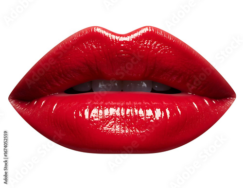 Glossy red lips isolated on transparent background