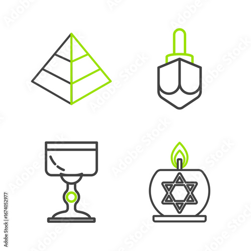 Set line Burning candle in candlestick with star of david, Jewish goblet, Hanukkah dreidel and Egypt pyramids icon. Vector