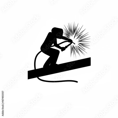 Silhouette of worker welding with sparks flying isolated on white background