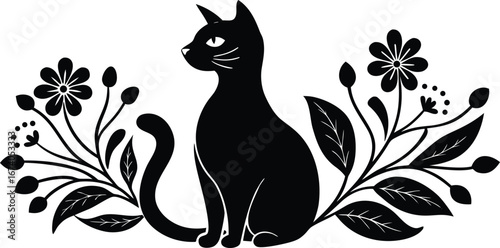 Photo of black cat sitting elegantly with floral elements on the sides