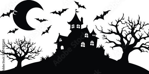 Photo of silhouette of a haunted house with bats flying around a large moon and spooky trees