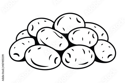 Pile of fresh raw potatoes in a simple black and white line drawing illustration