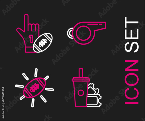 Set line American Football ticket and paper glass soda with drinking straw, Whistle and Number 1 one fan hand glove finger raised american football icon. Vector
