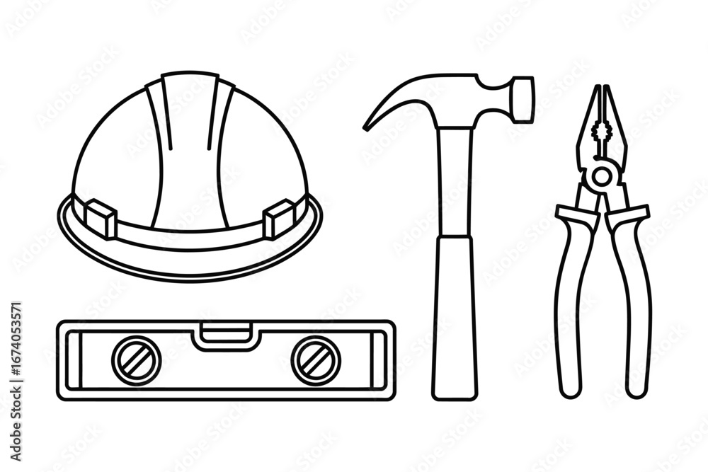 Fototapeta premium Set of construction tools including hard hat hammer pliers and spirit level