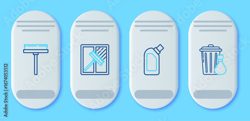 Set line Squeegee, scraper, wiper, Plastic bottles for liquid dishwashing liquid, and Trash can and garbage bag icon. Vector