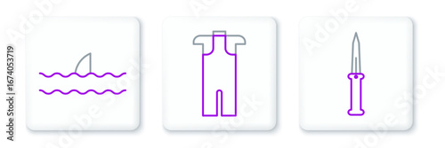 Set line Army knife, Shark fin in ocean wave and Wetsuit for scuba diving icon. Vector