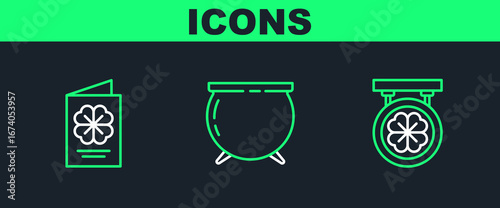 Set line Street signboard with four leaf clover, Saint Patricks Day flyer, brochure, postcard and Witch cauldron icon. Vector