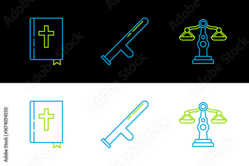 Set line Scales of justice, Holy bible book and Police rubber baton icon. Vector