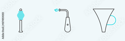 Set line Funnel or filter, Honey dipper stick and Long electric lighter icon. Vector