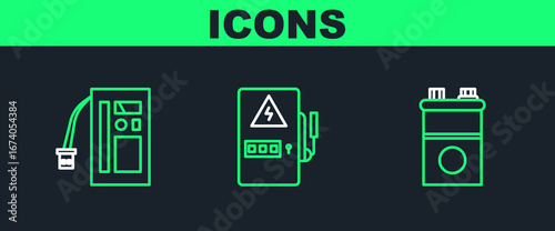 Set line Car battery, Battery and Electrical panel icon. Vector